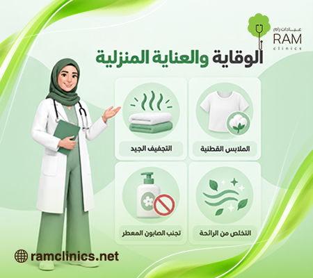 خطوات العناية الشخصية وتجفيف البشرة للوقاية المباشرة من الفطريات الجلدية تحت الثدي.